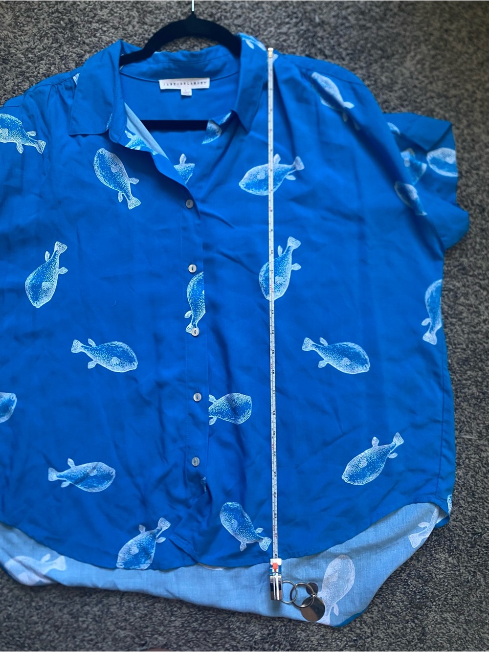 Blue Short Sleeve Lightweight Button-Up Shirt with Bold Fish Print - Picture 9 of 10